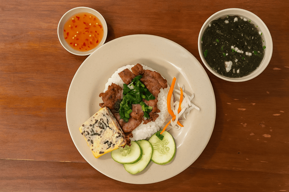 The pork chop, shredded pork, and egg loaf set features juicy grilled meat and lightly sweet fish sauce, true to Southern-style broken rice